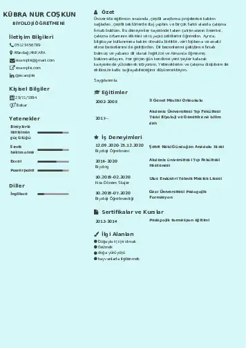 Biyoloji Öğretmeni CV Örnekleri cv indir